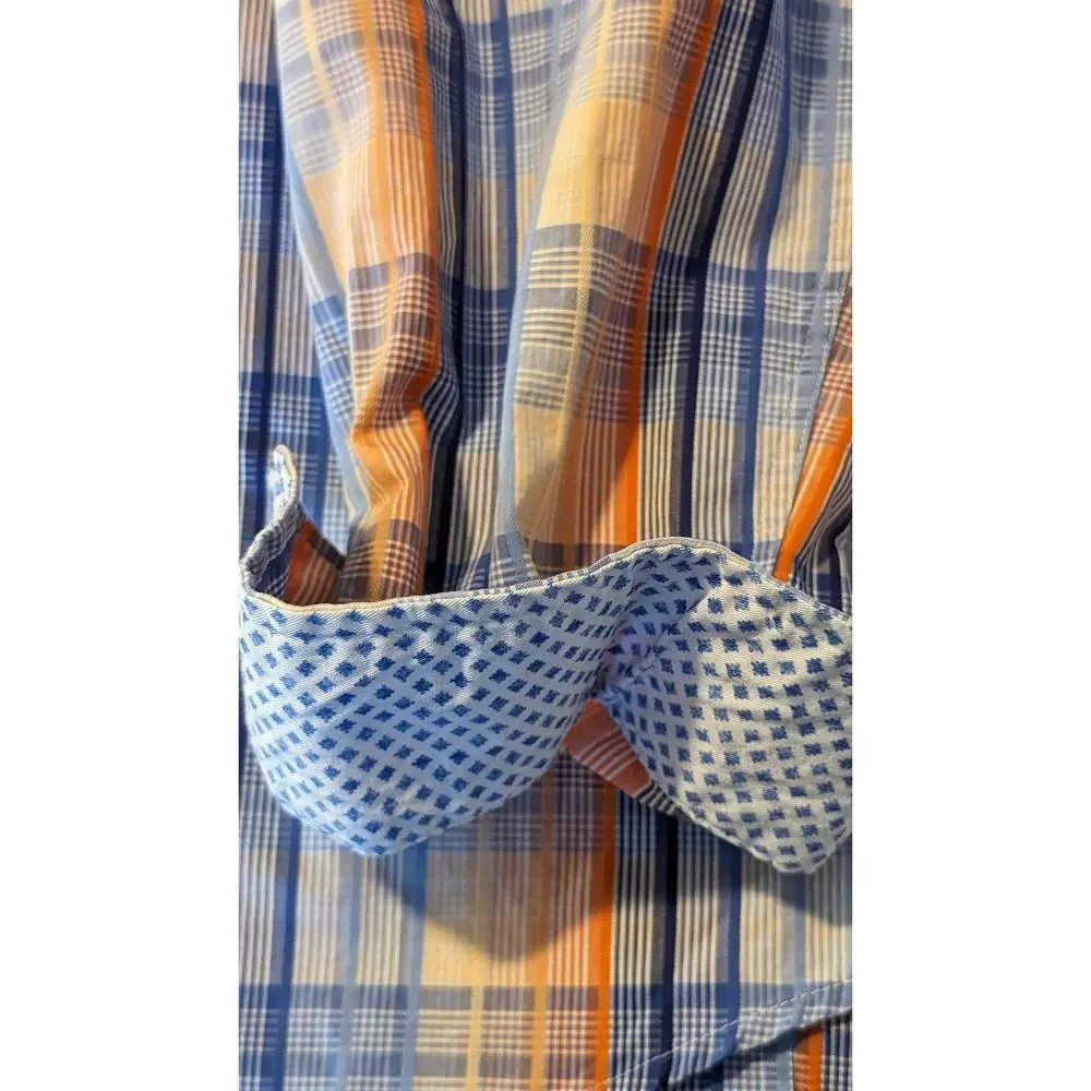 Tasso Elba Blue & Orange Plaid Button Up 100% Cotton Dress Shirt Mens Sz XL